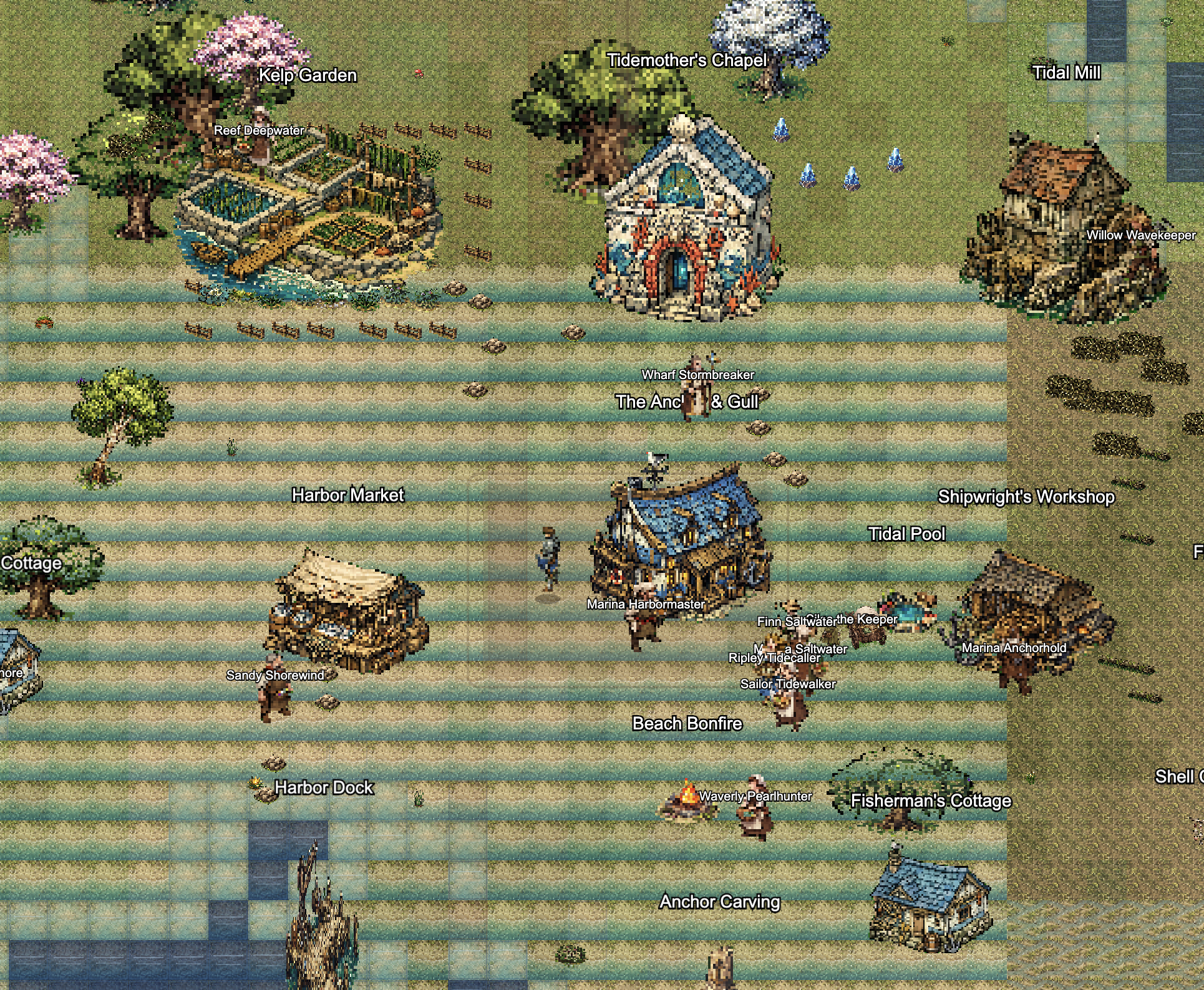 Coastal village with Tidemother's Chapel, Harbor Market, Shipwright's Workshop, and Harbor Dock