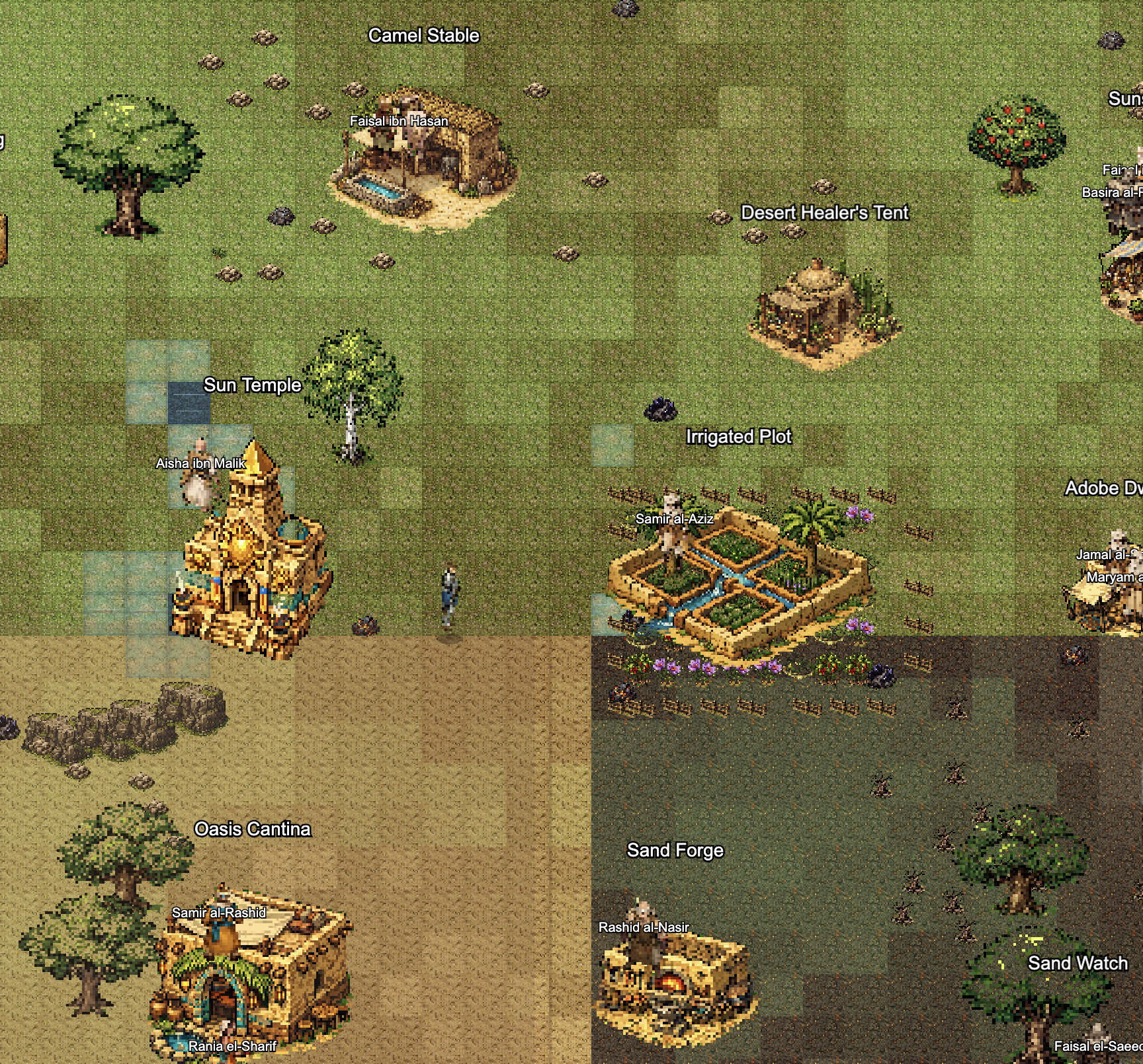 Desert village with Sun Temple, Camel Stable, Oasis Cantina, and Sand Forge