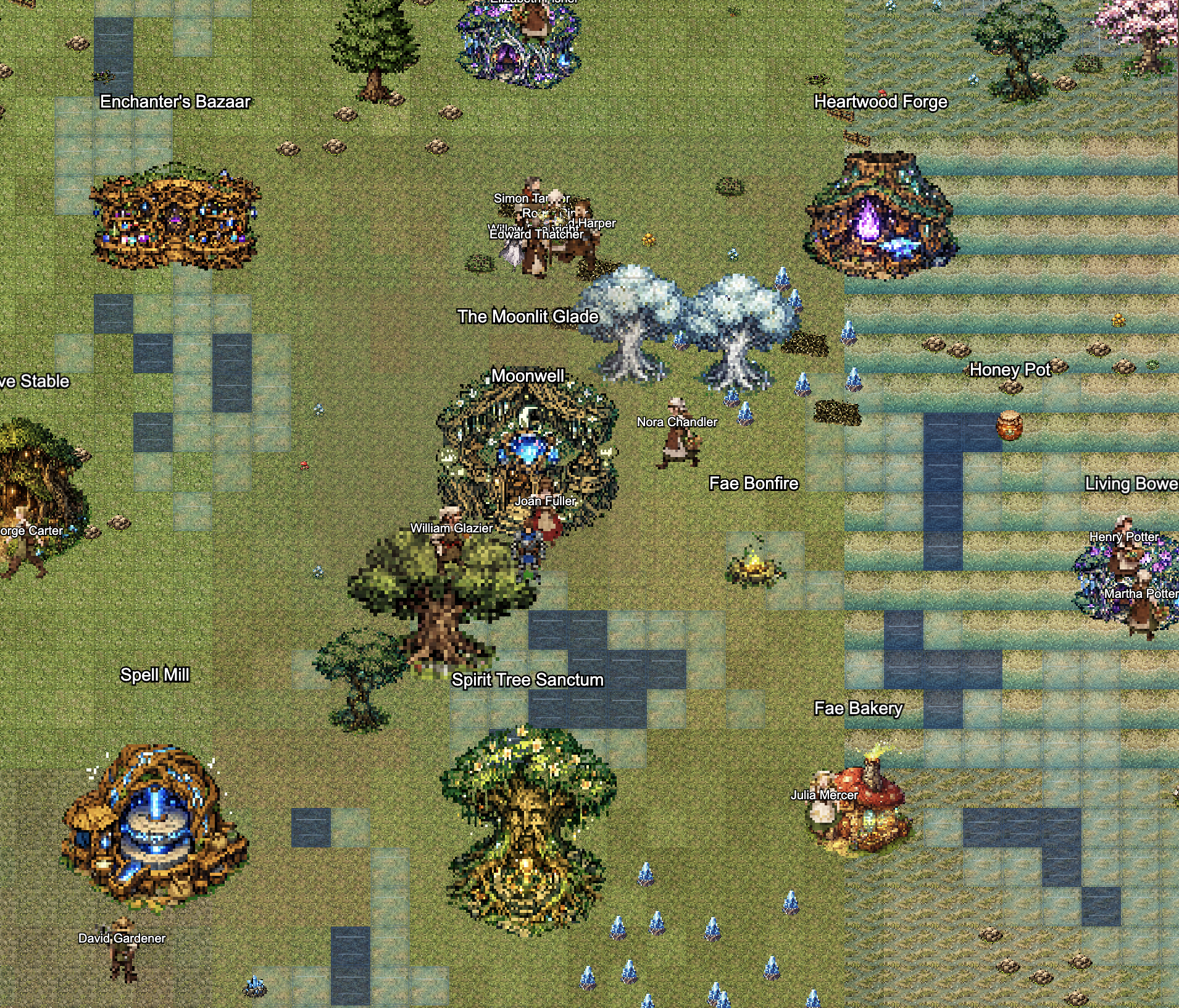 Enchanted Grove village with Moonlit Glade, Moonwell, Spirit Tree Sanctum, and Spell Mill