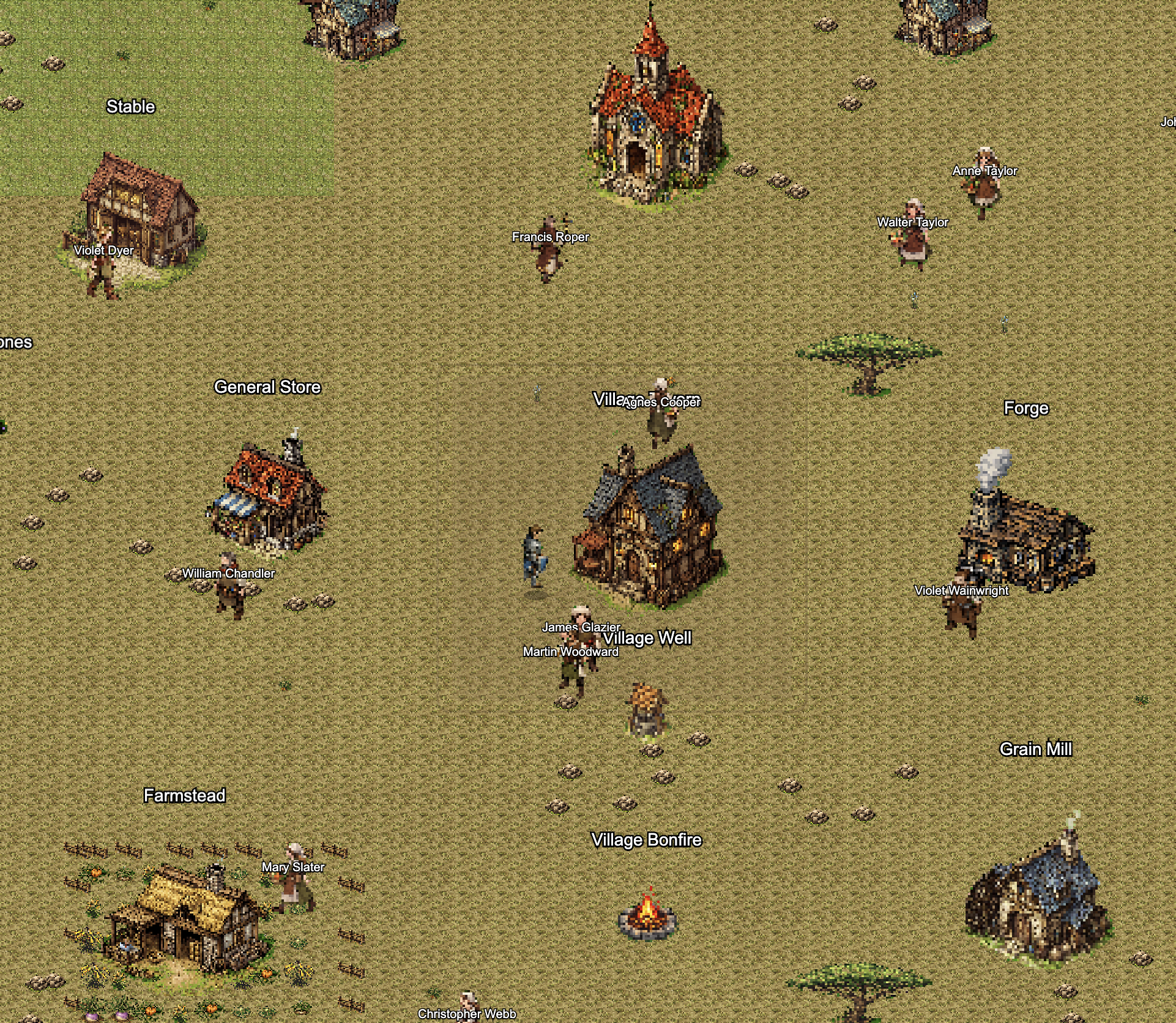 Farmland village with General Store, Village Well, Forge, Grain Mill, and Farmstead