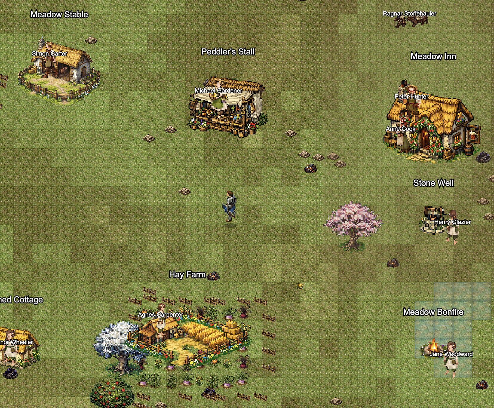 Meadow village with Peddler's Stall, Meadow Inn, Hay Farm, and Bonfire