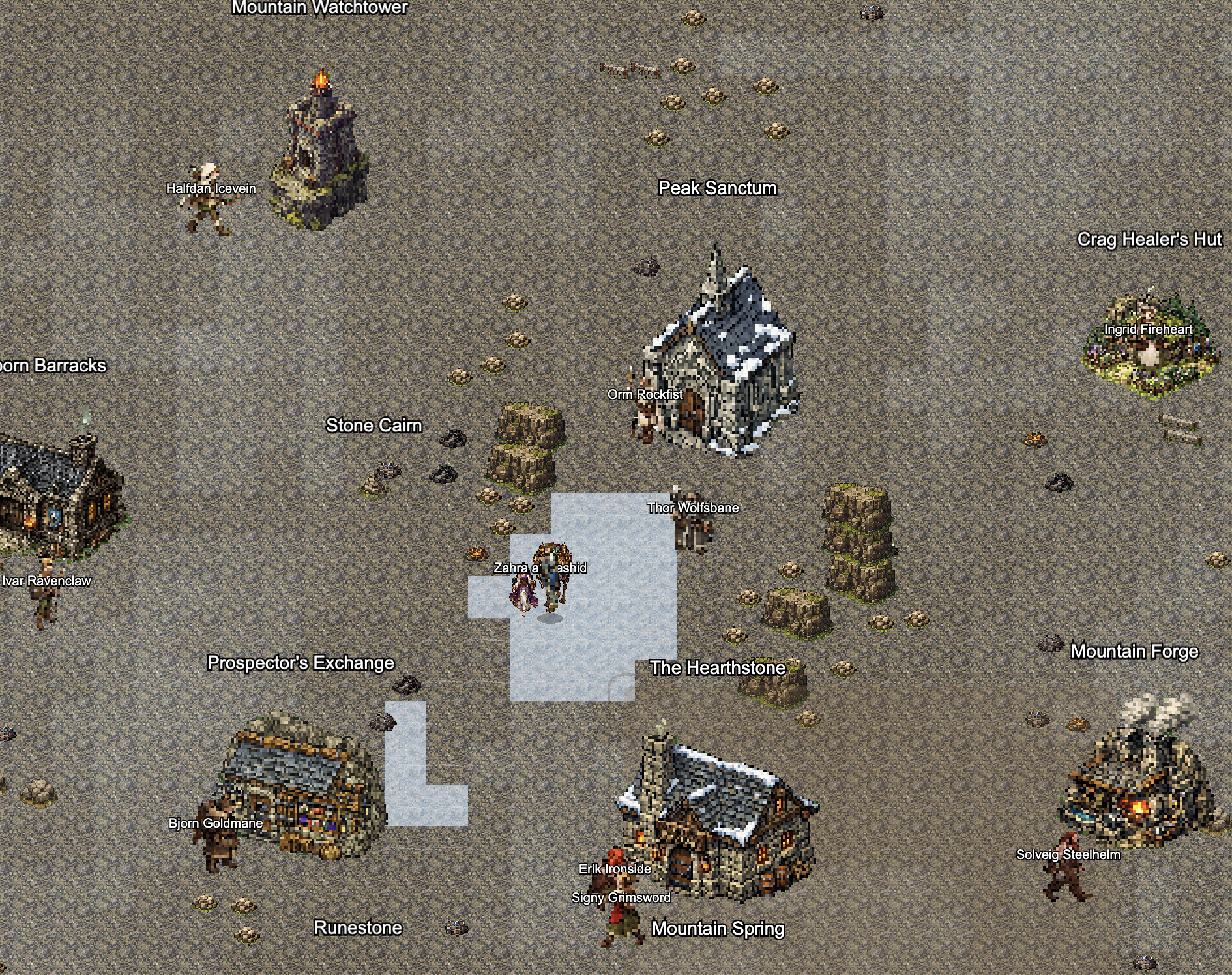 Mountain village with Peak Sanctum, Watchtower, Mountain Forge, and Runestone