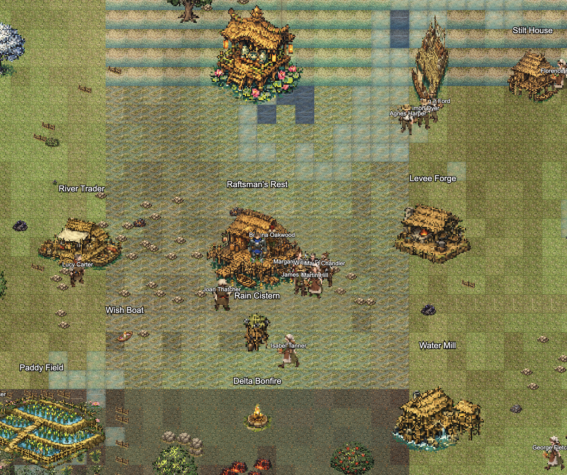 River Delta village with Raftsman's Rest, Rain Cistern, Levee Forge, Water Mill, and Paddy Field