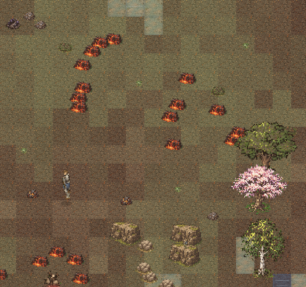 Volcanic biome with lava flows, scorched terrain, and rocky outcrops