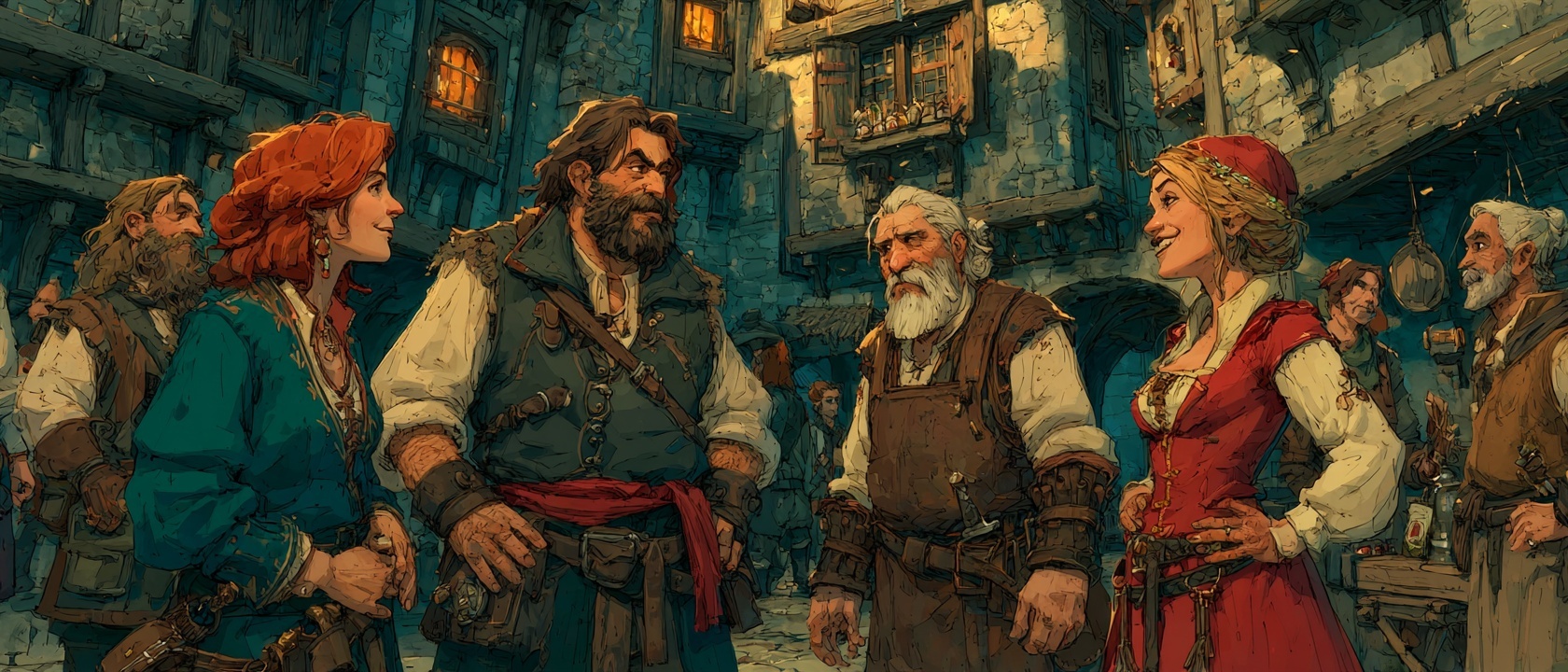 Villagers gathered in animated conversation in a medieval village square