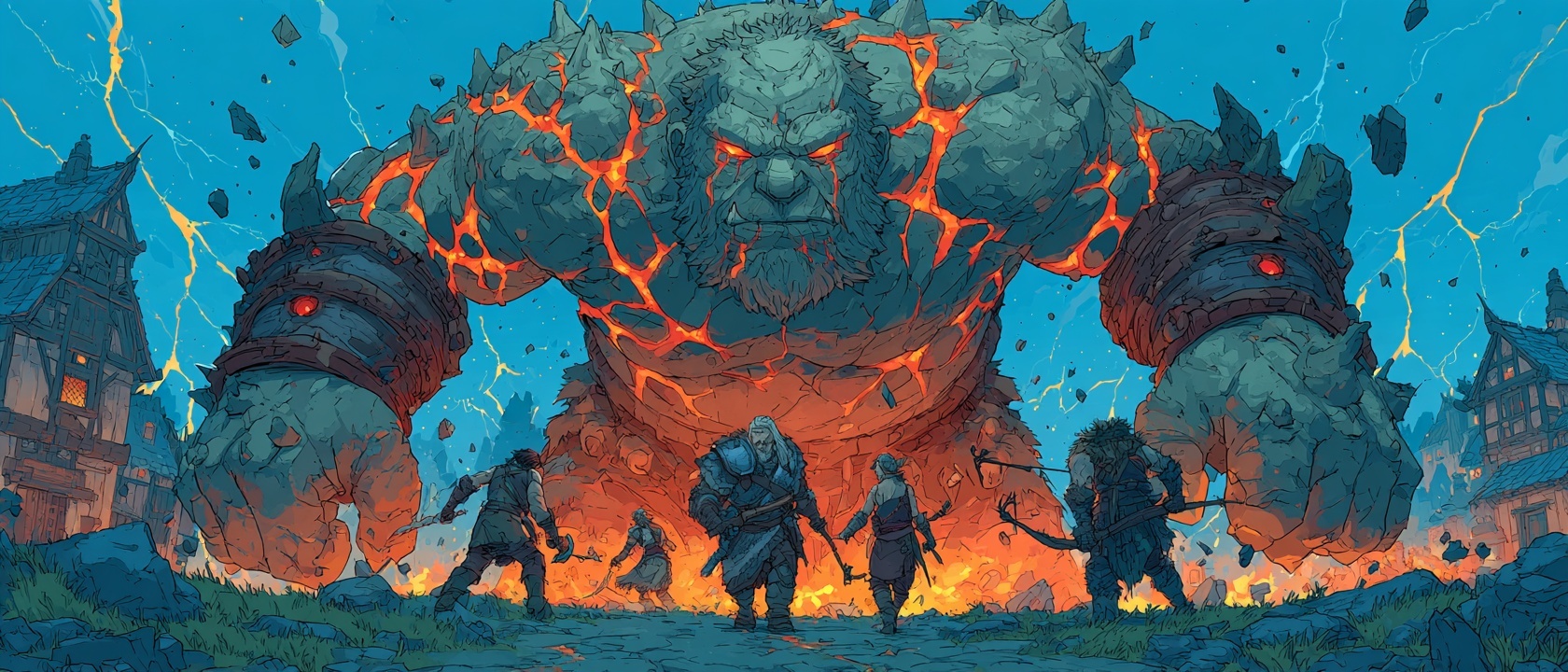 Heroes battling a colossal boss creature in an epic fantasy confrontation