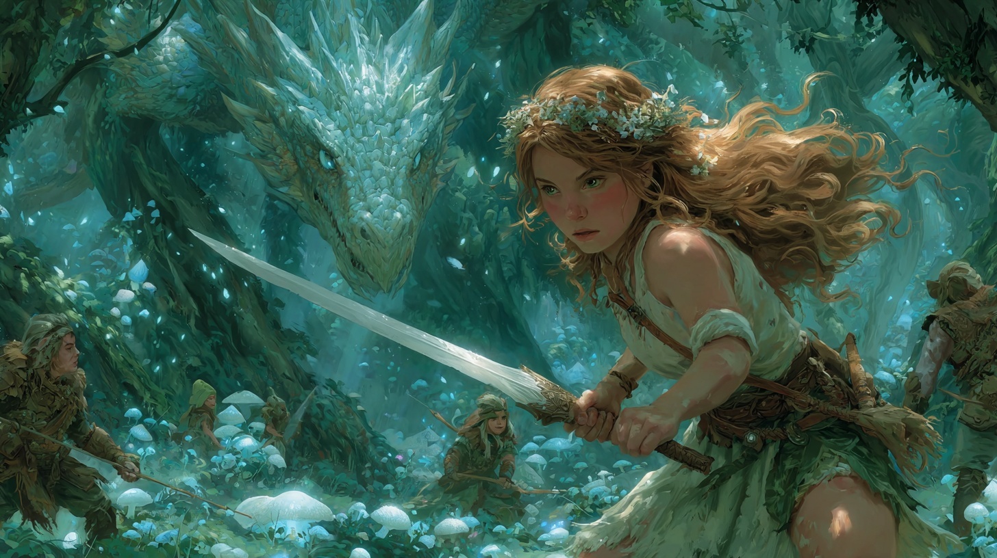 Wanderfolk — the Faewalker faces a Crystal Dragon in an enchanted grove, sword drawn, companions at her side