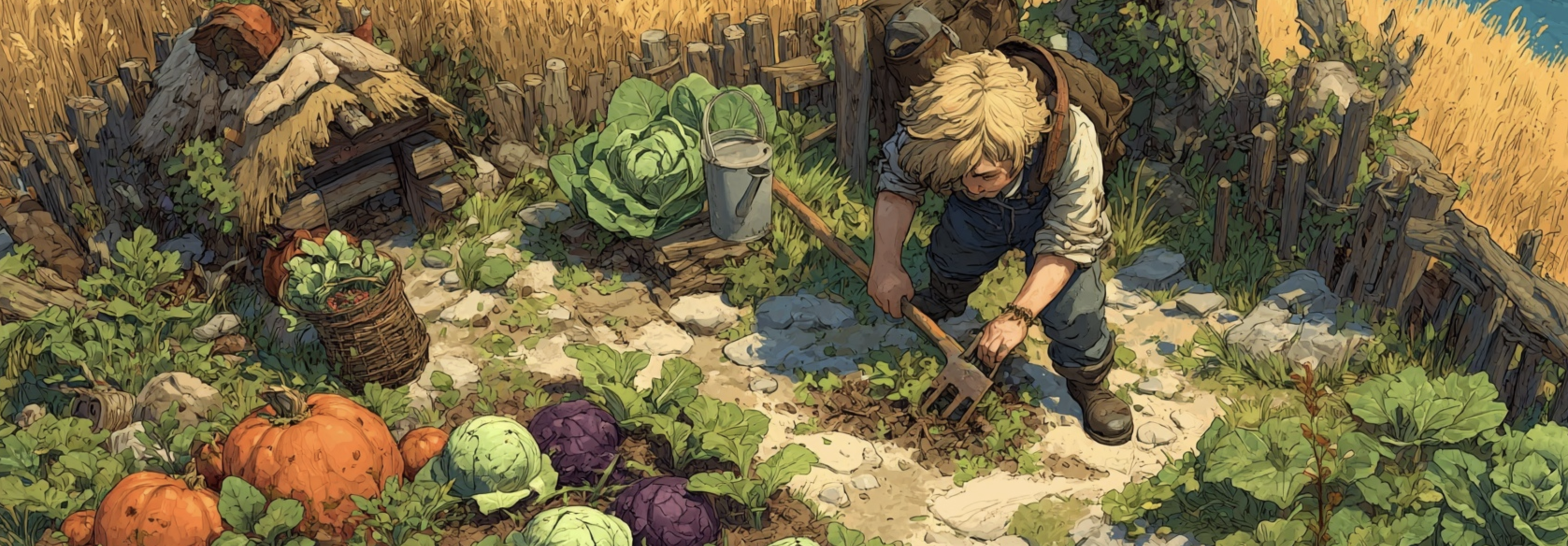 A lush medieval farm with crops ready to harvest and villagers tending the land