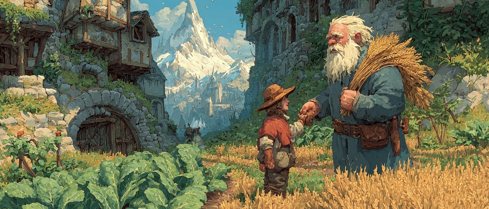 Medieval farm with crops