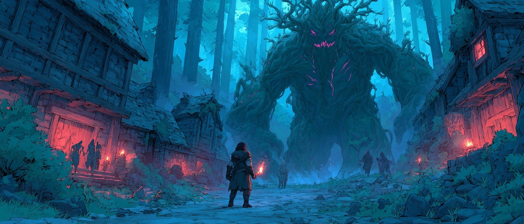 Fearsome monsters emerging from the darkness in a fantasy wilderness