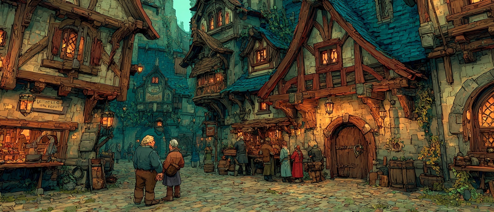 AI NPCs observing and reacting to a traveler in a medieval village