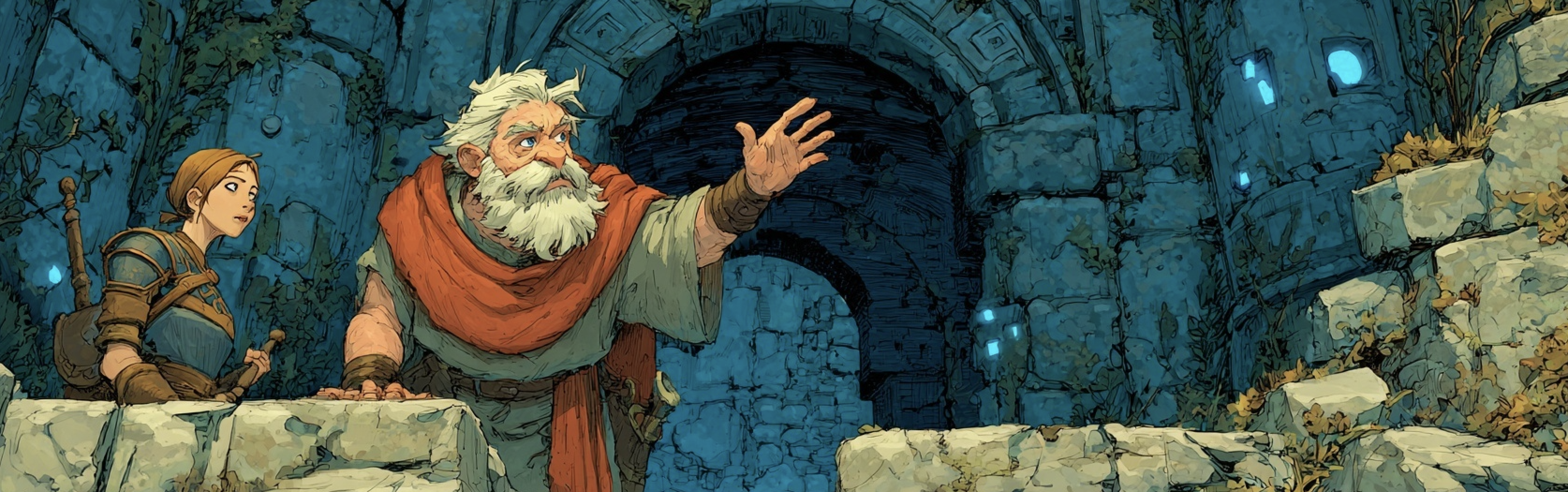 A villager urgently asking a traveler for help among ancient ruins