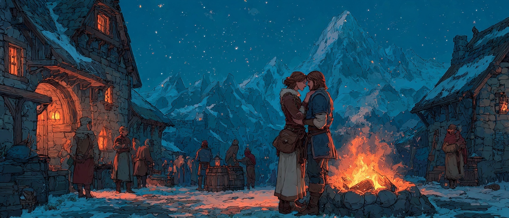 Villagers gathered around a bonfire at night