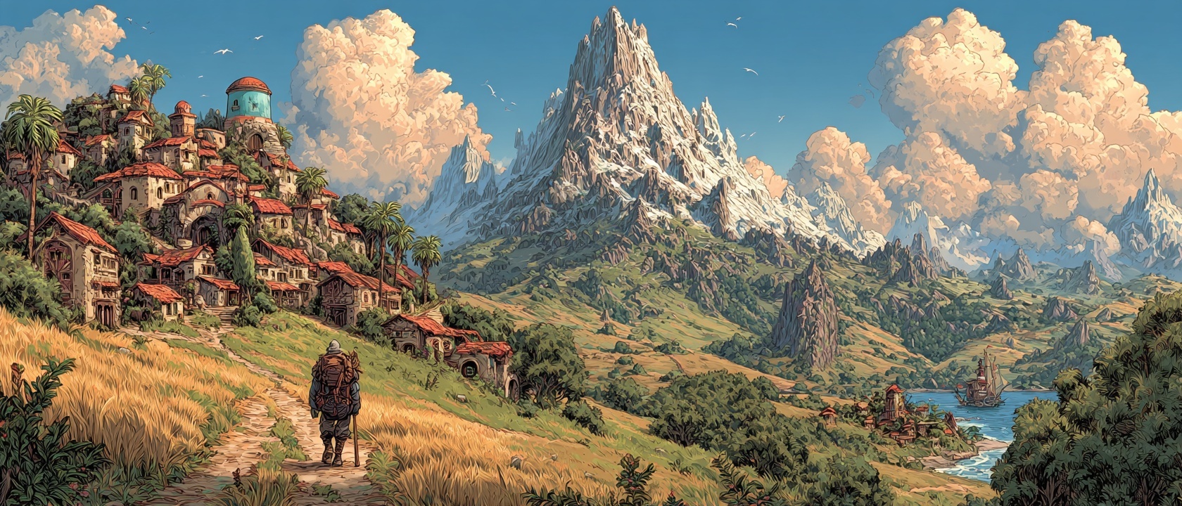 A sweeping panoramic vista showing multiple fantasy biomes and cultures