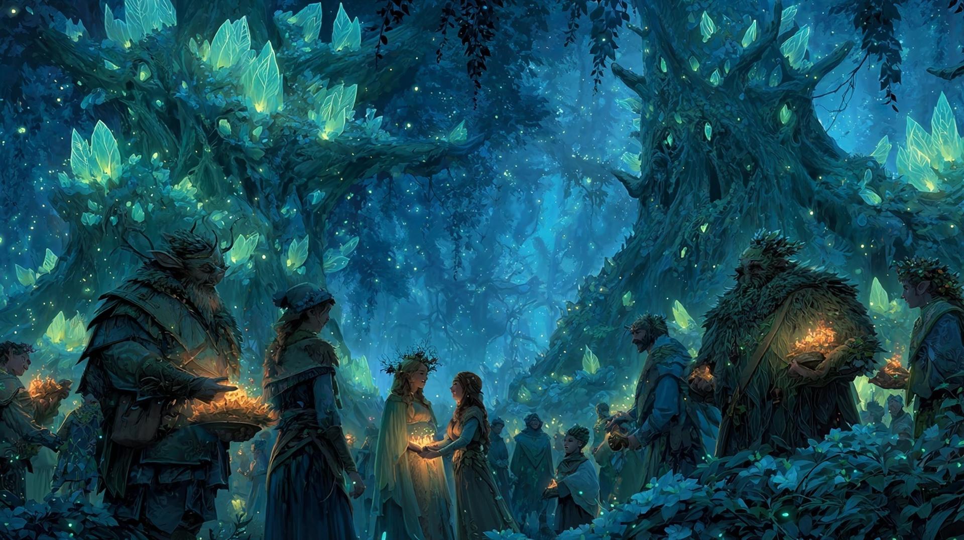 Enchanted grove bioluminescent gathering