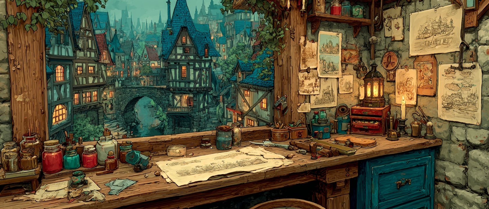 A craftsman's workbench where a miniature village world is being built
