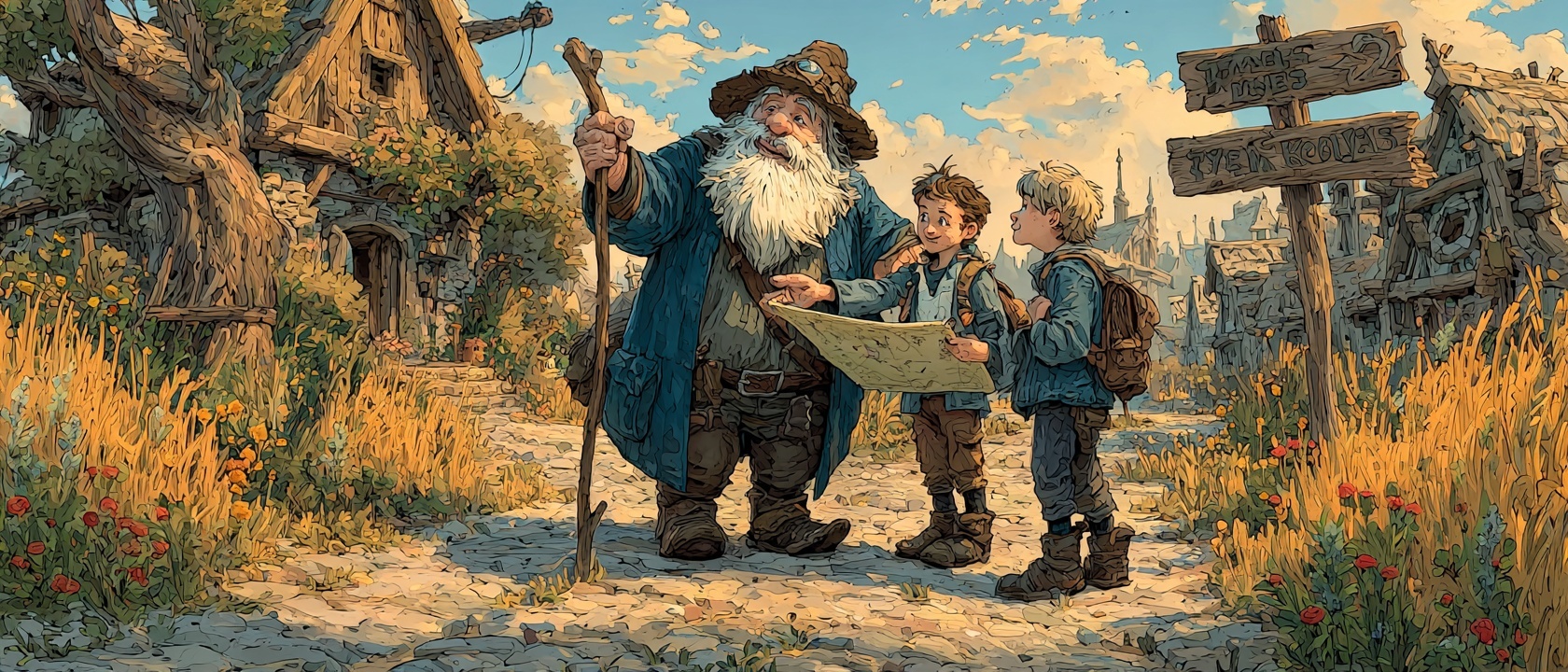 A village elder at a crossroads guiding travelers