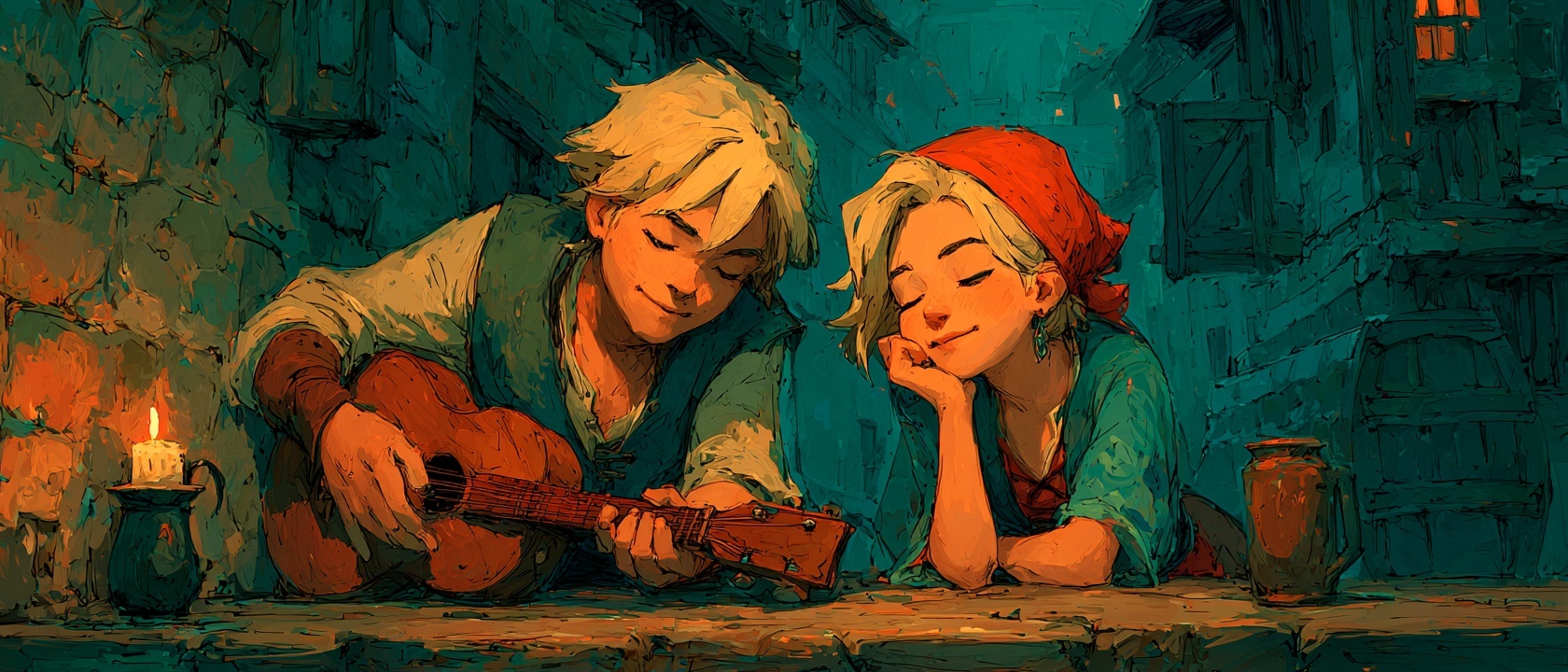 A bard playing lute by candlelight in a medieval tavern