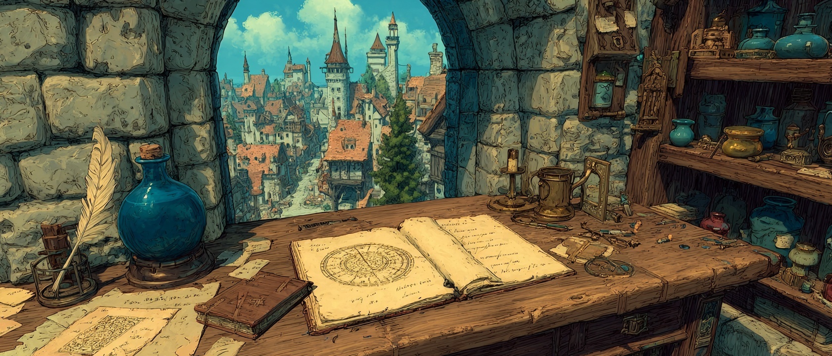 A scholar's workshop with maps and journals at dawn