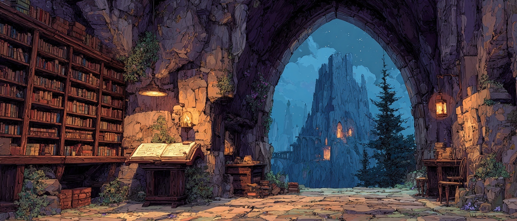 An ancient library filled with scrolls and illustrated tomes