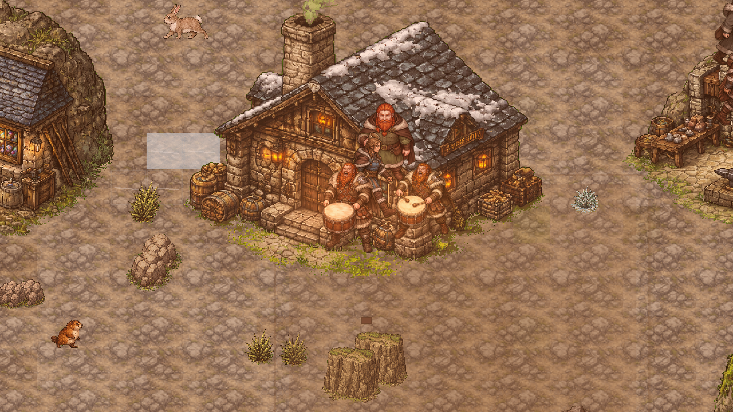 Dusk settling over the village with warm lighting