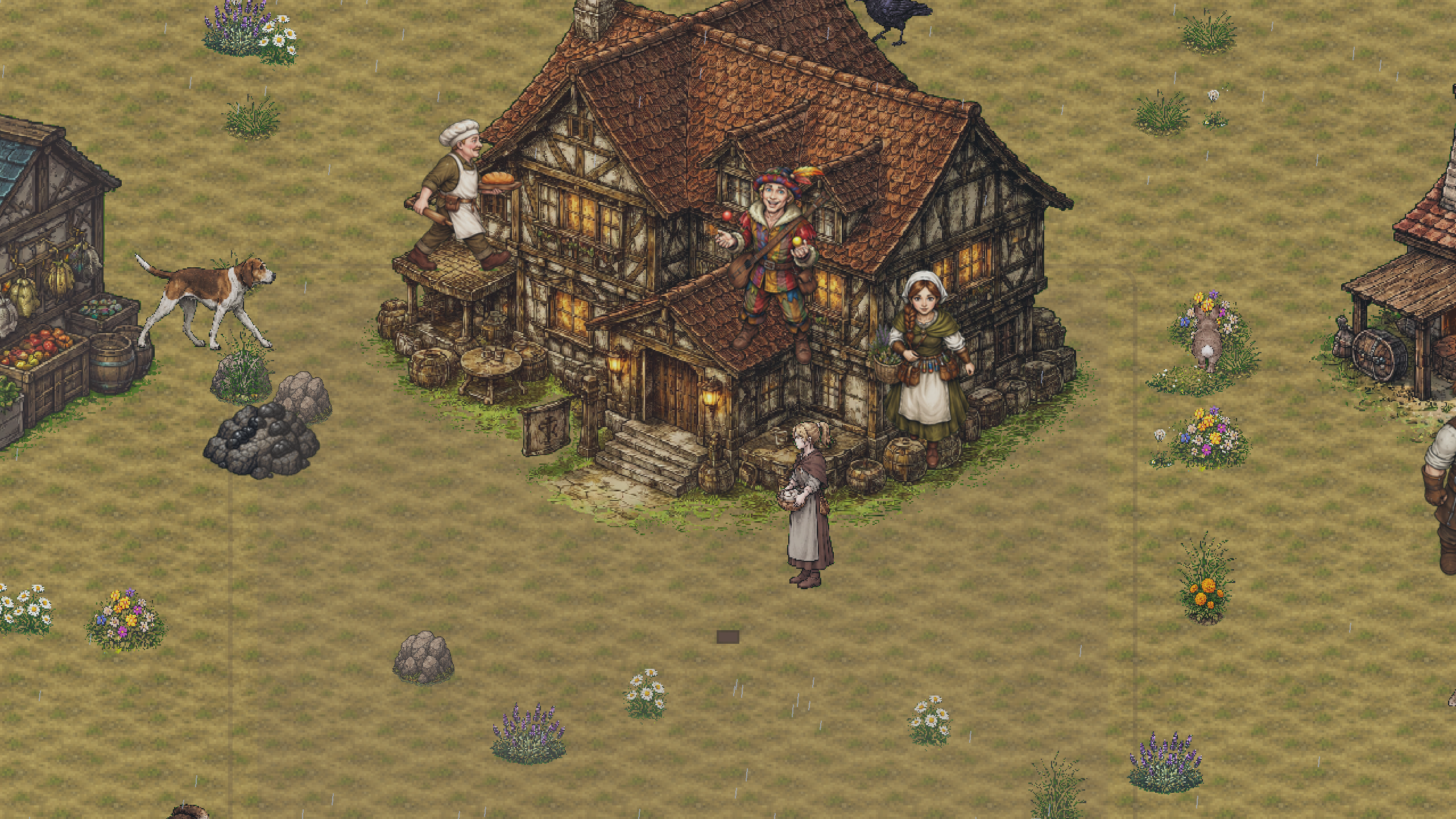 Rain falling over a village