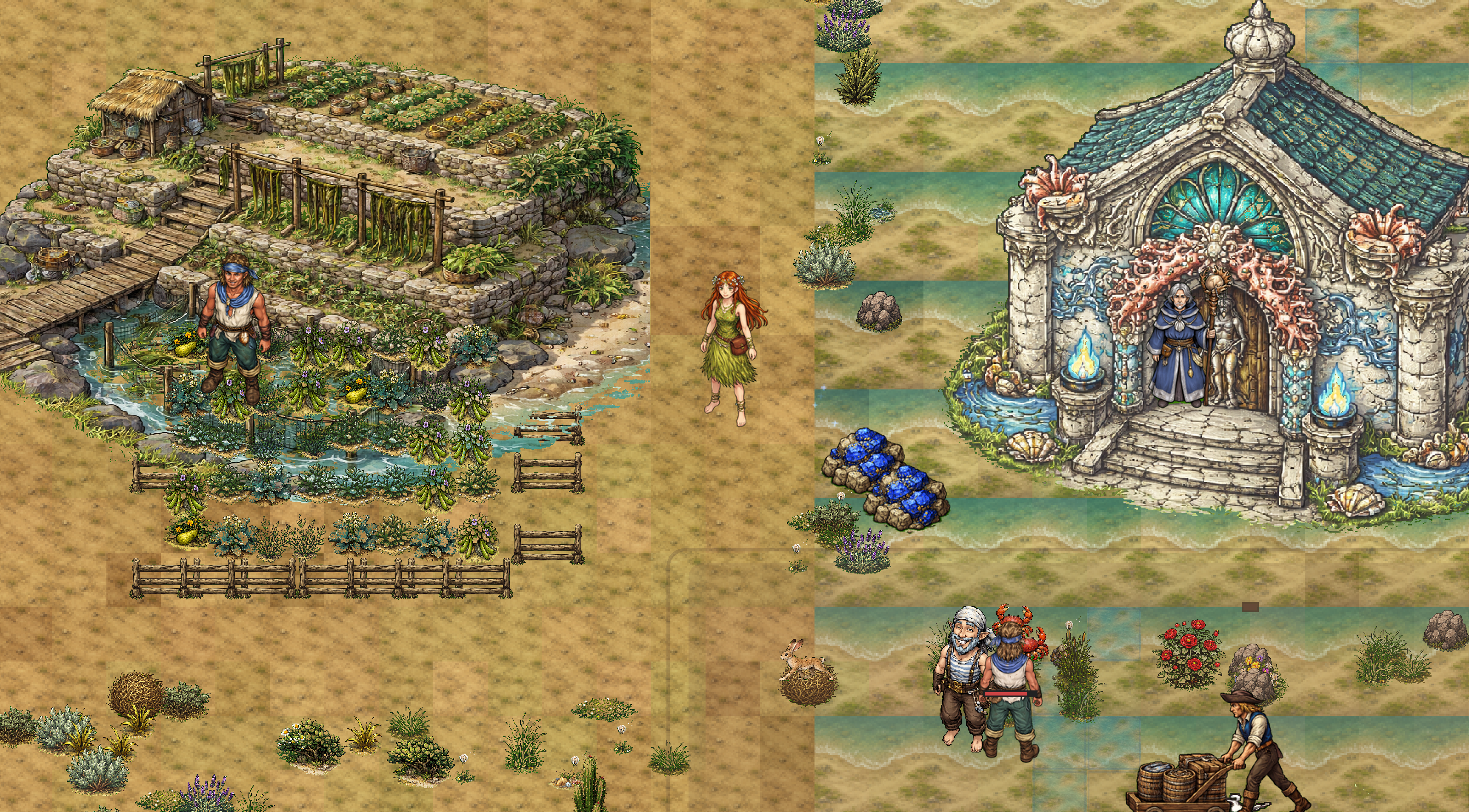 Coastal village with temple, farms, and waterfront