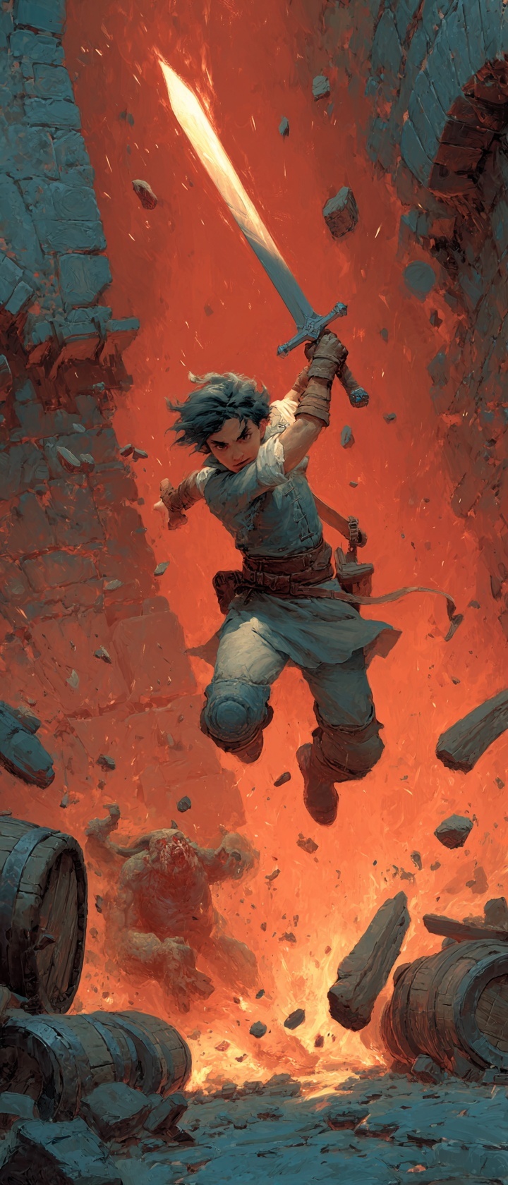 A warrior leaping with a glowing sword in a fiery boss encounter