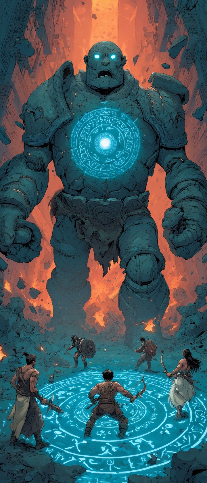 A party of adventurers fighting a dungeon boss in an underground cavern