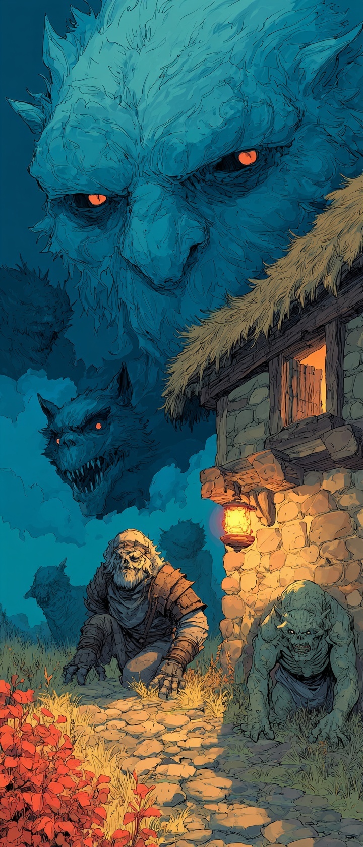 Monsters emerging from darkness at the edge of village torchlight