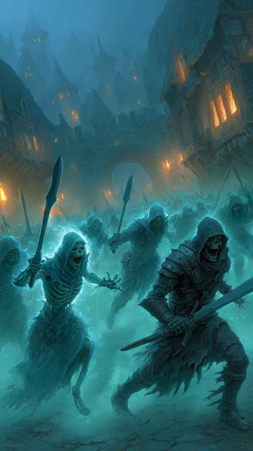 Organized monster raid attacking a village at night with defenders rallying