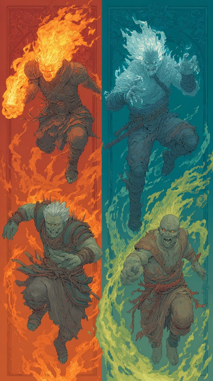 Monsters inflicting burn, freeze, and wither effects on a warrior