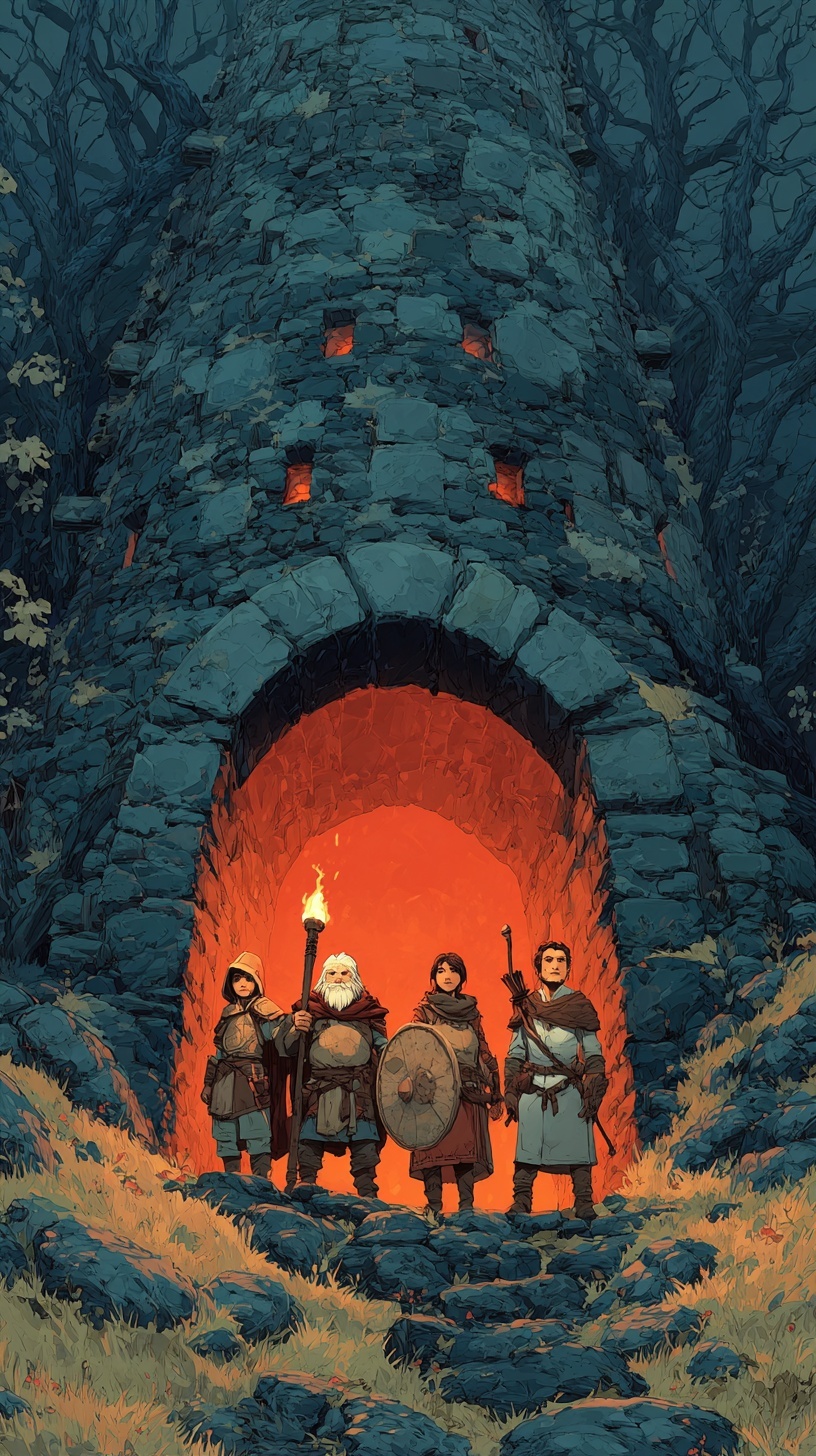 A party of four adventurers standing at a dungeon entrance, torchlight illuminating the darkness ahead