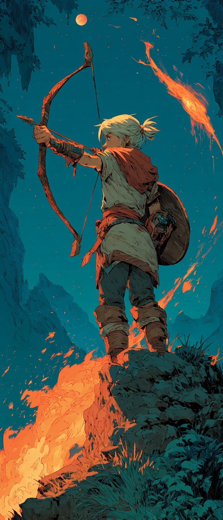 Archer firing glowing arrows while a companion launches fireballs at enemies