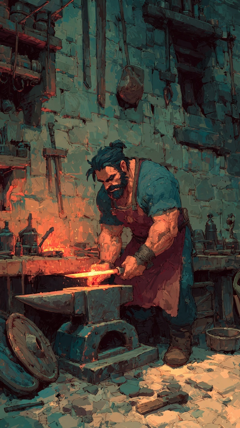 A blacksmith hammering a glowing sword on an anvil with weapons in various states of repair