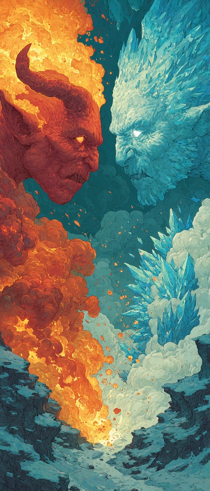 Two rival faction monsters fighting each other at a biome boundary