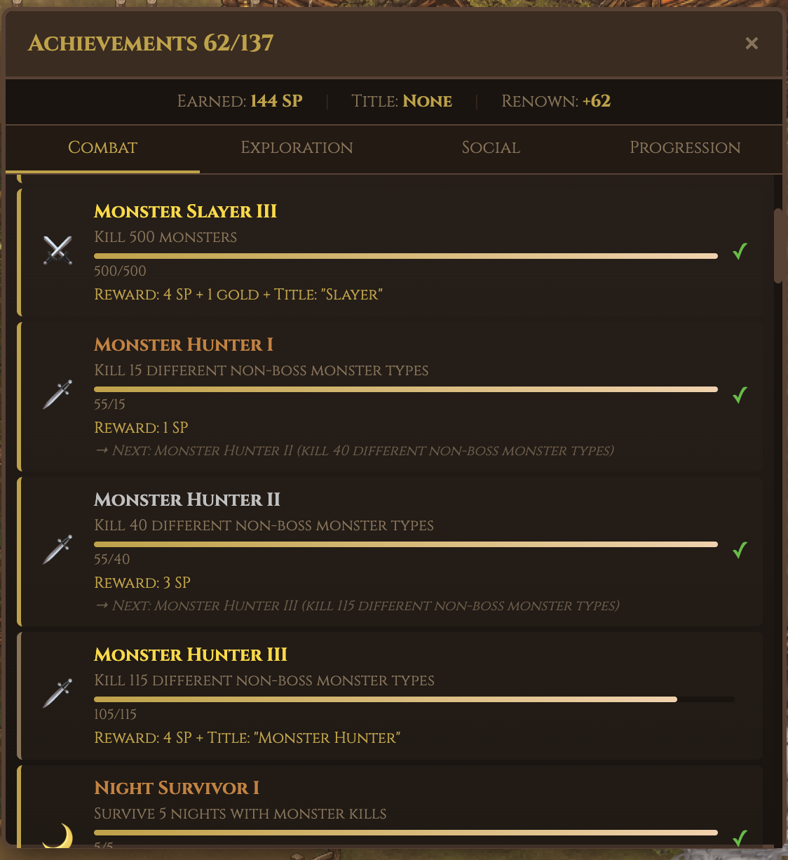 Achievements panel showing Monster Slayer and Monster Hunter progress with SP rewards
