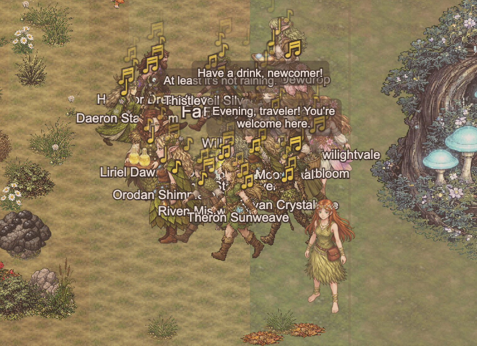 NPCs gathered around village bonfire at dusk