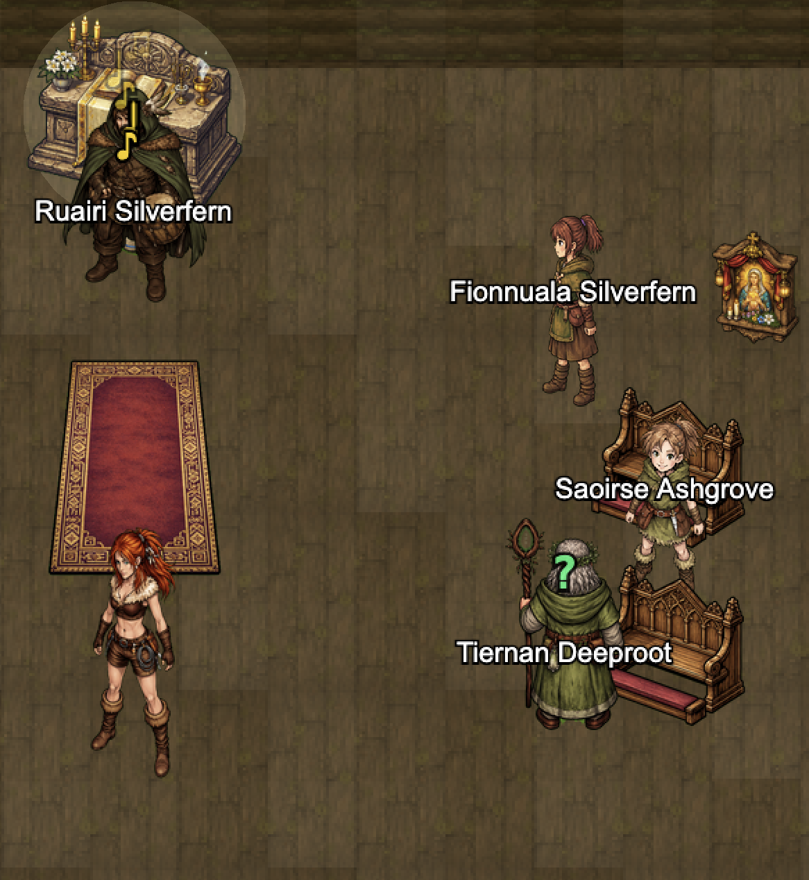 Inside a village building with NPCs socializing among furniture and decorations