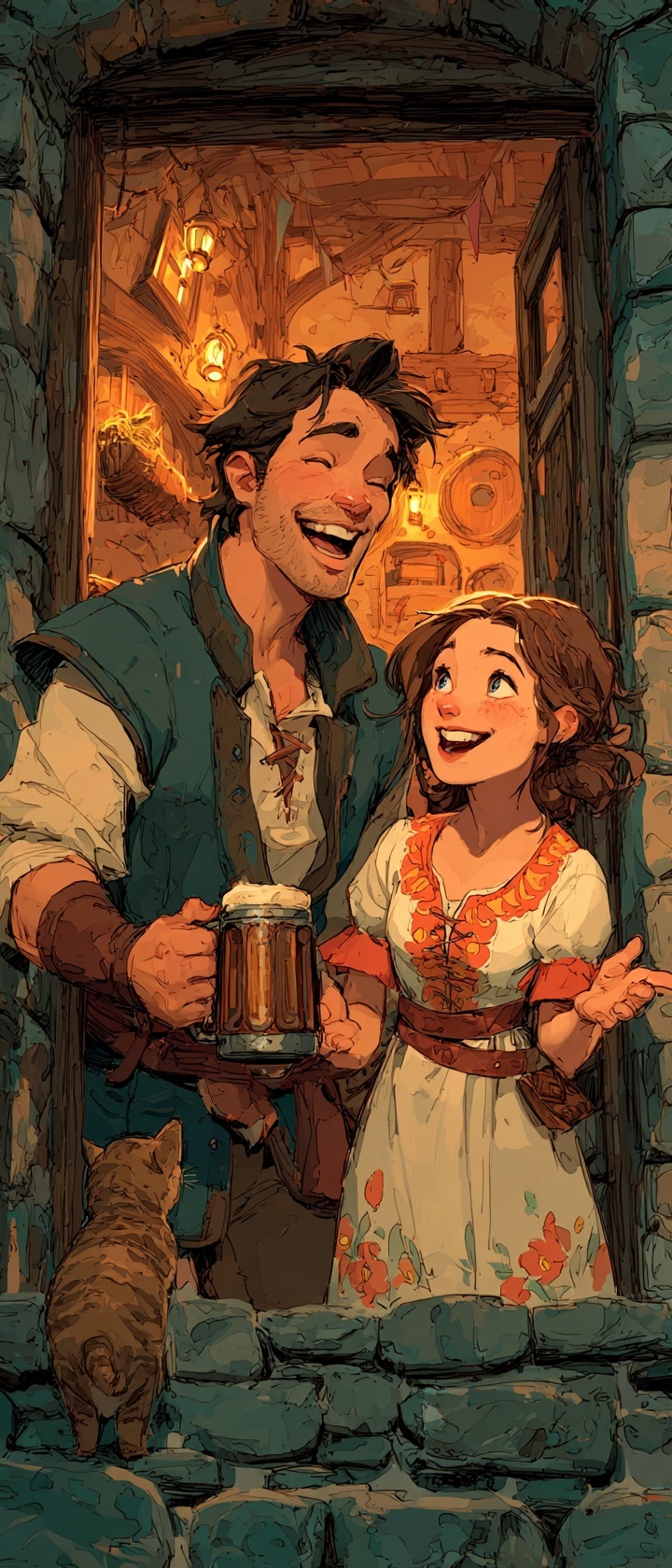 Two villagers laughing together over ale at a tavern doorway