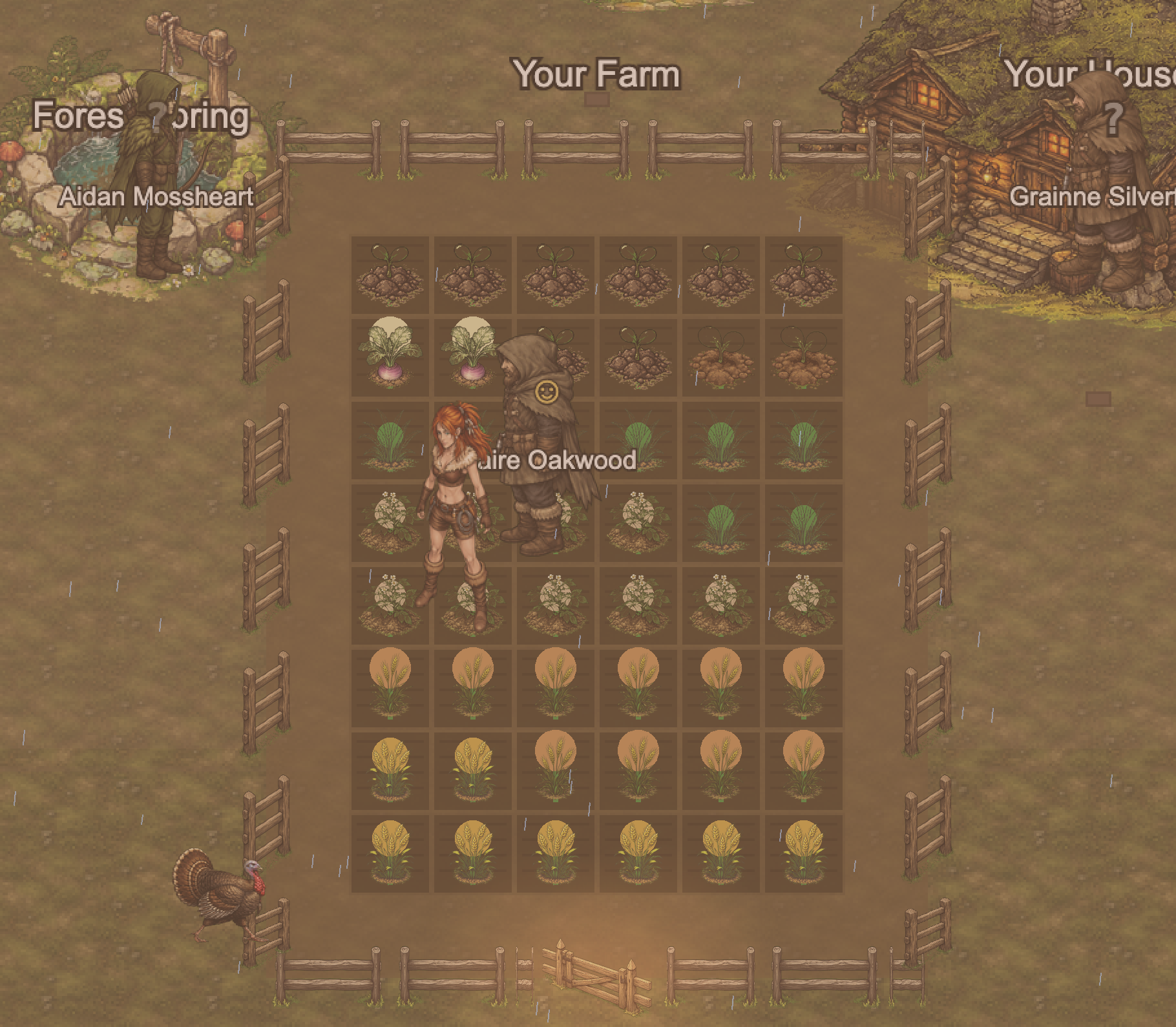 Player tending crops on their farm with various growth stages visible
