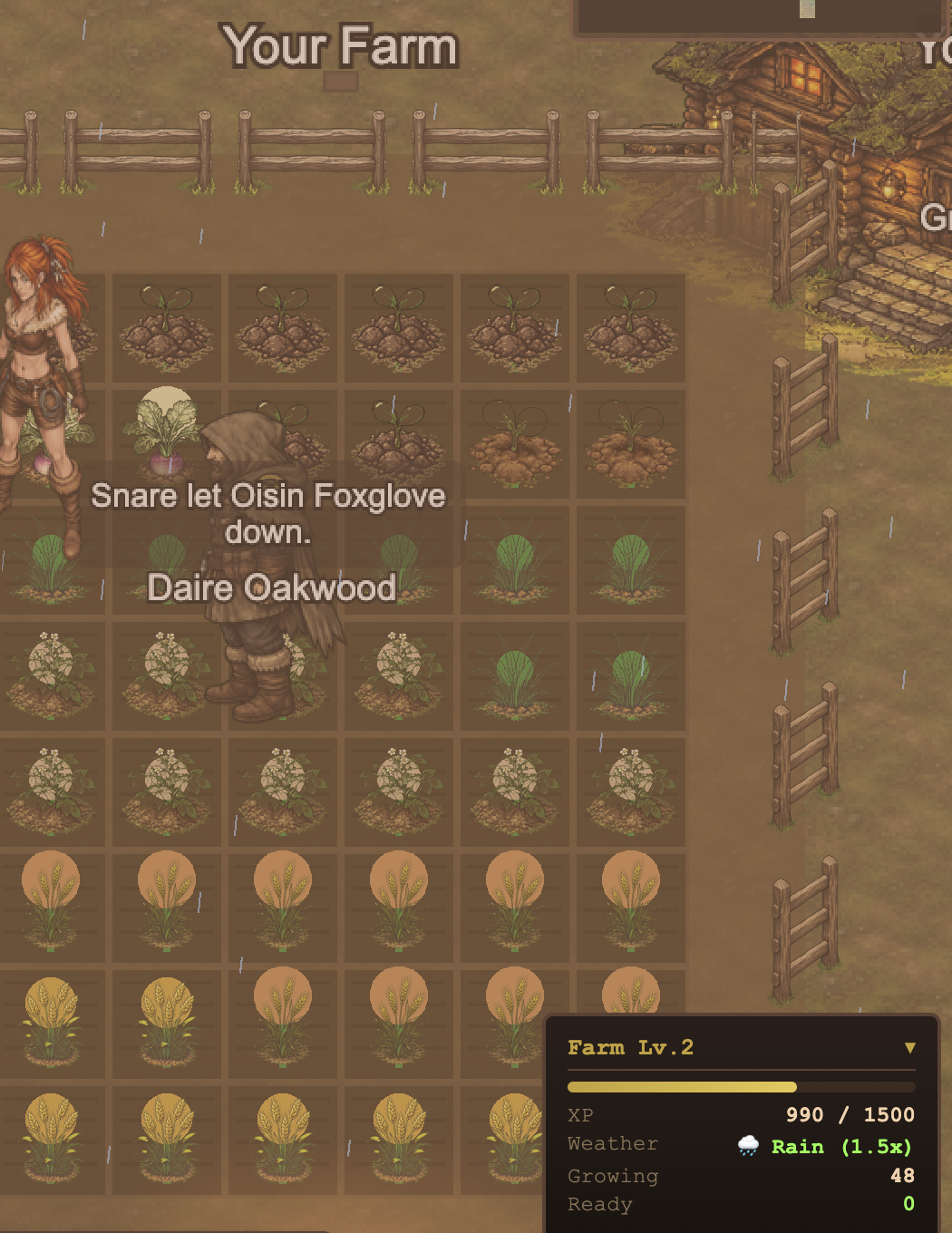 A level 2 farm with diverse crops at various growth stages and village life around it