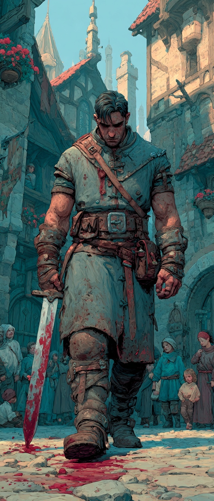 A battered warrior limping into a village as NPCs react with concern, respect, and alarm