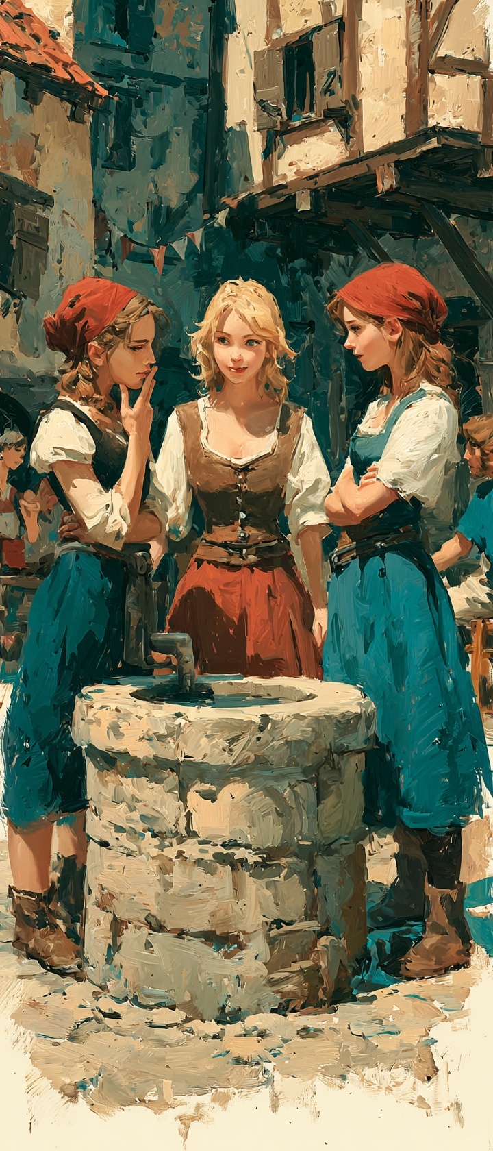 Village women gossiping near a well about a couple walking past