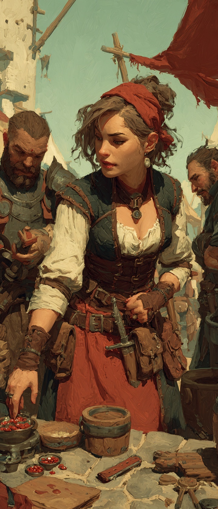 A merchant spotting valuables in a traveler's satchel while a blacksmith eyes their damaged weapon