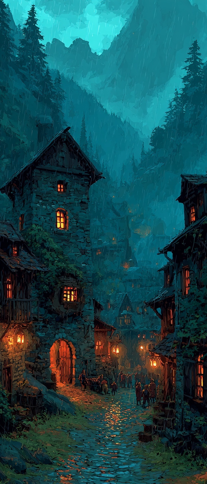 A village during a rainstorm with NPCs each reacting to the weather and conditions