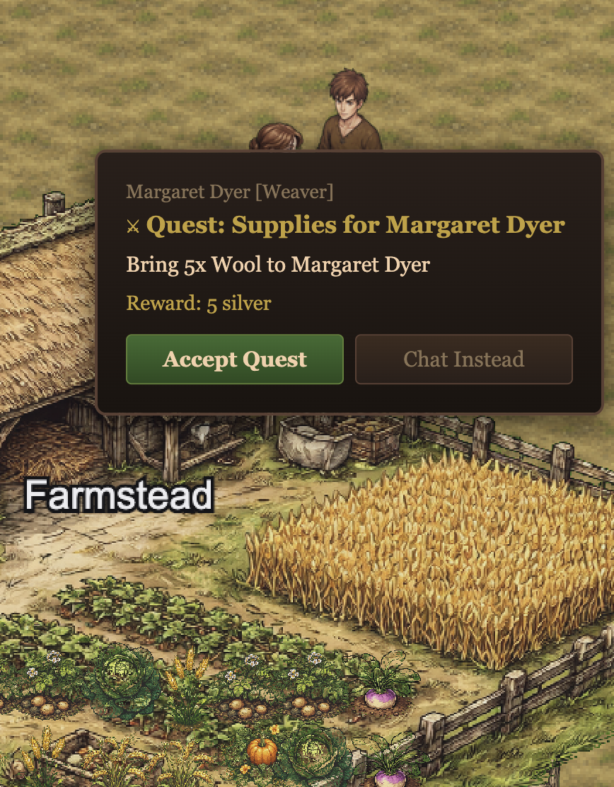 An emergent quest offer from a village weaver requesting supplies