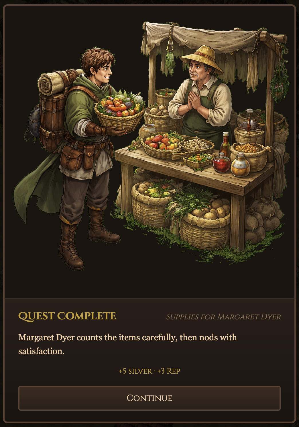 Quest complete screen showing silver and reputation rewards