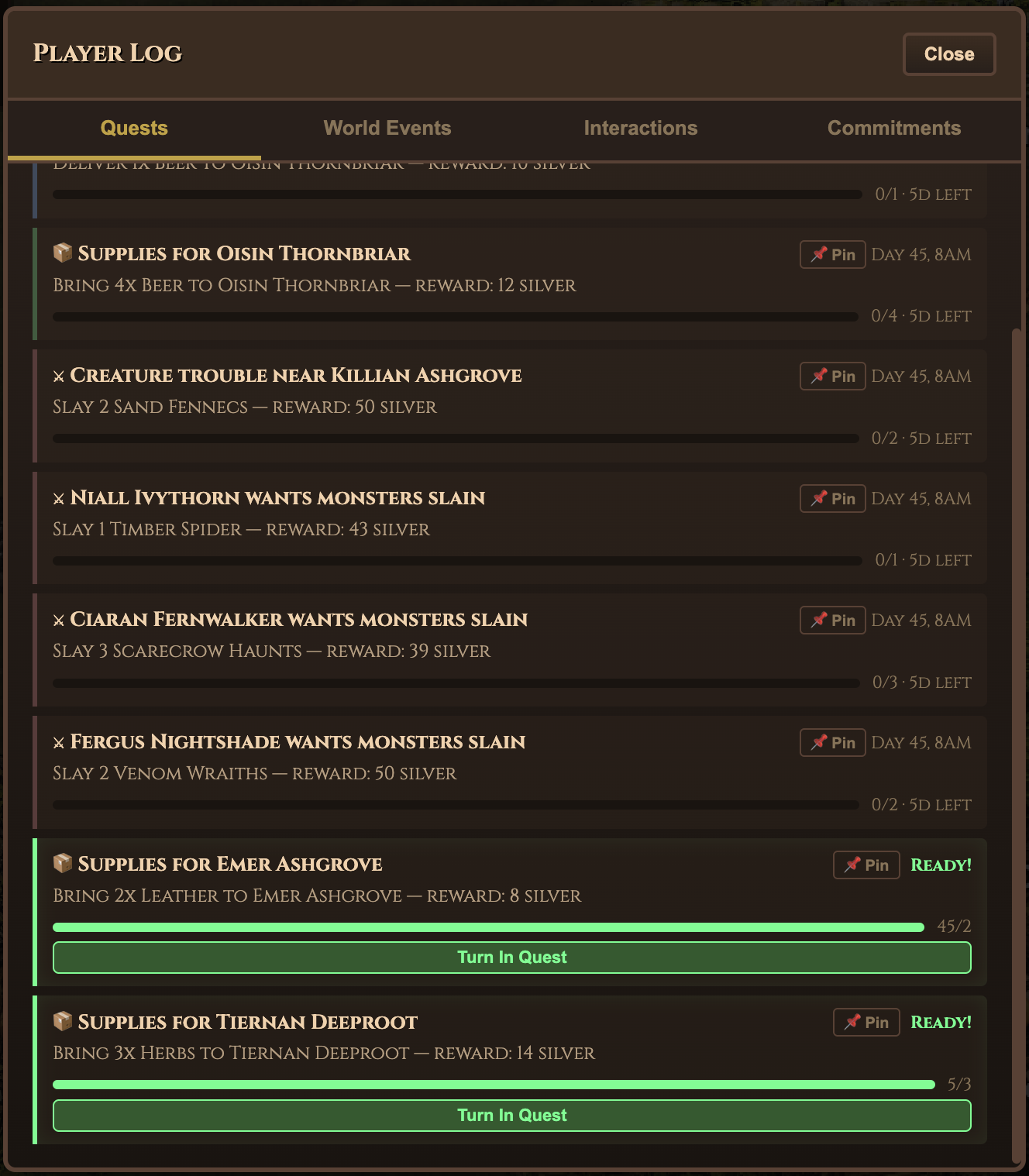 The Player Log showing active quests with progress bars and turn-in buttons