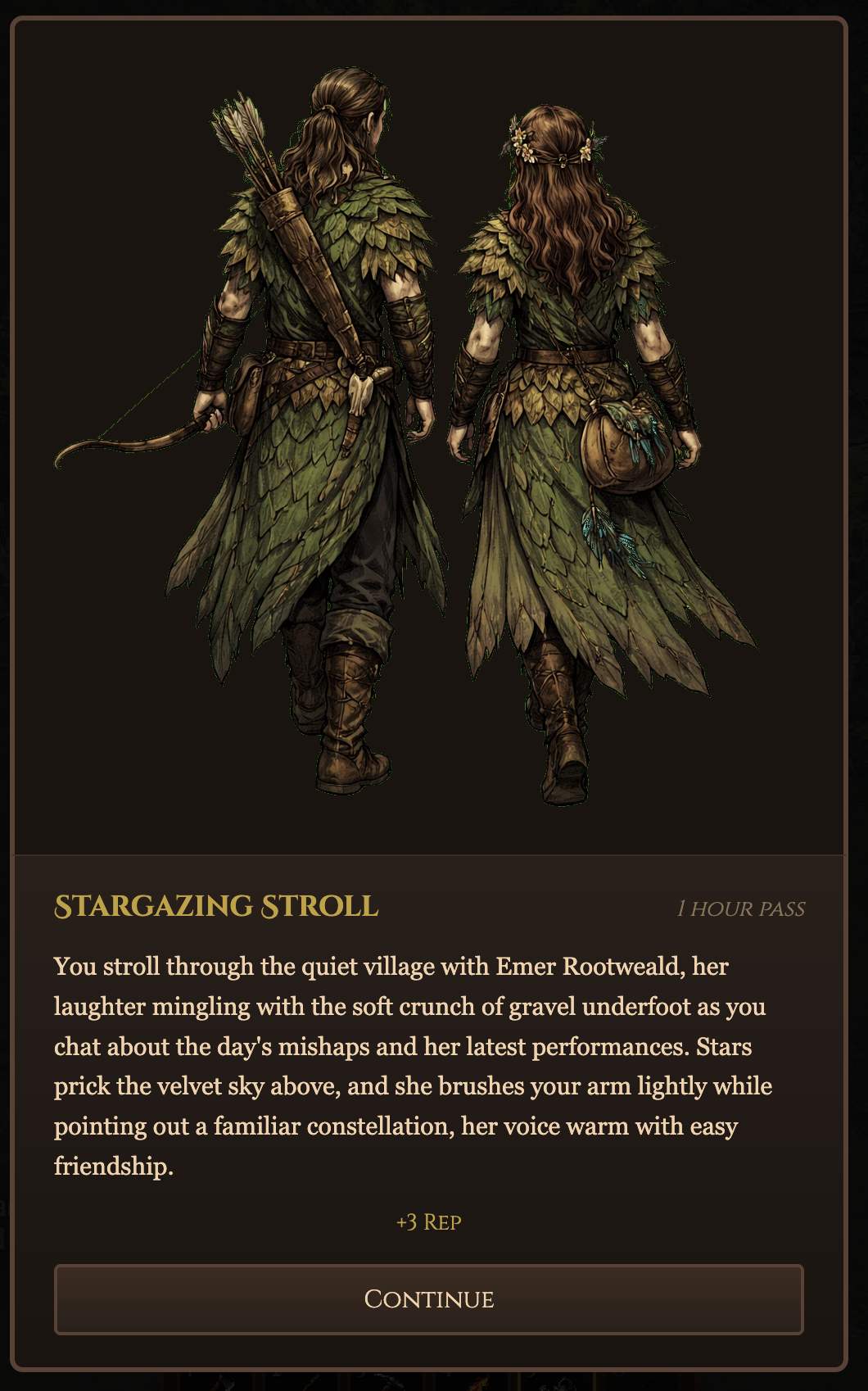 A Stargazing Stroll romance interlude — two characters walking together under the stars